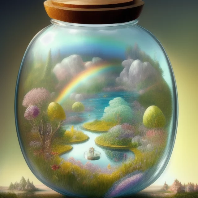 1078912303-exquisitely intricately detailed illustration, of a small world with a lake and a rainbow, inside a closed glass jar.webp